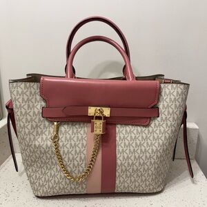 Michael Kors Hamilton Legacy Large Satchel Purse Pink & White Leather Chain Lock